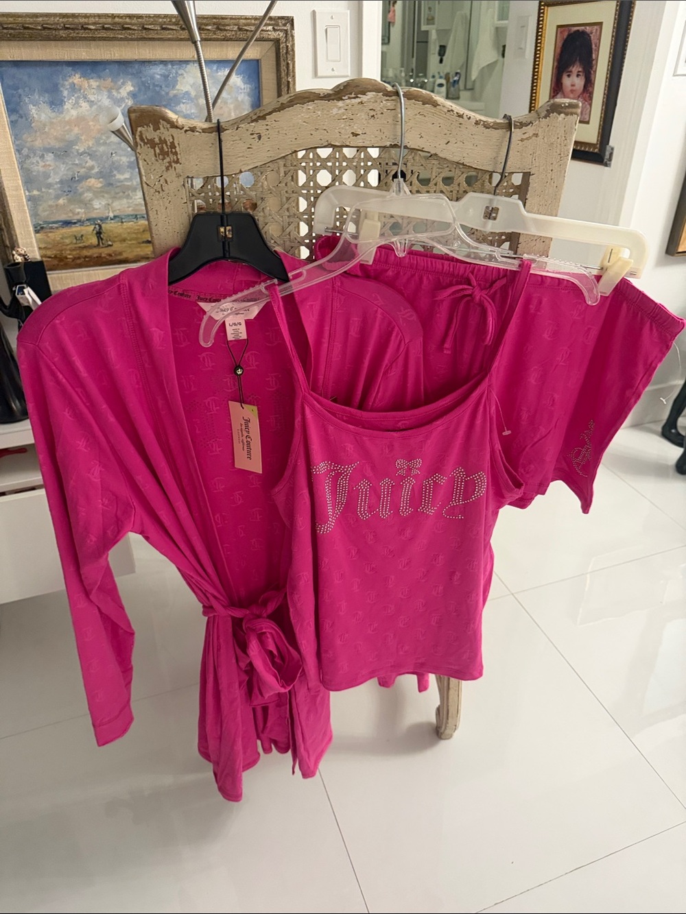 Juicy Couture Hot Pink & Rhinestone Logo 3 Piece Tank & Short PJ & Robe Set